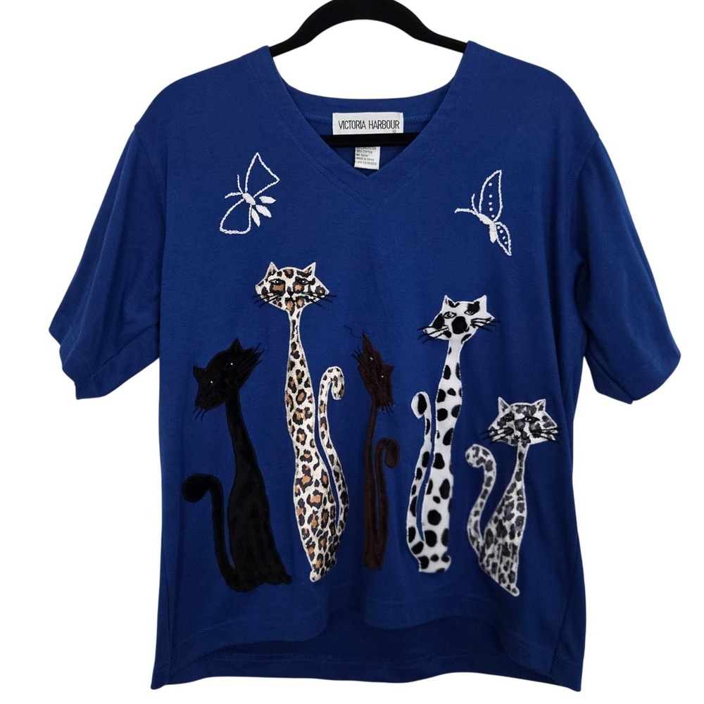 Vintage Victoria Harbour Cat Applique T Shirt Blue Womens Medium 90s Grandma